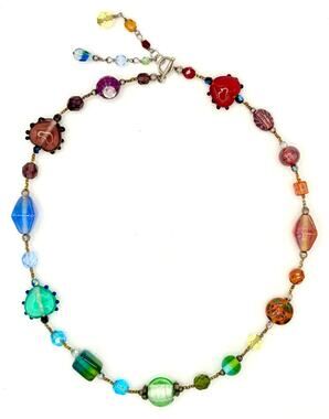 Vintage Murano-Style Multi-Color Art Glass Necklace -1990s Eclectic Boho Jewelry